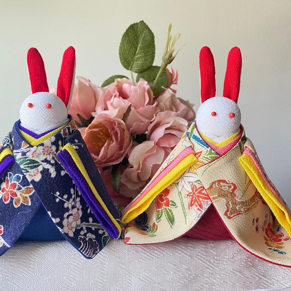 Cute rabbits, Pair of Japanese Plush Kimono rabbit hina doll(Hina-Ningyo) Handmade, Japanese gift, Oriental gift, Asian gift