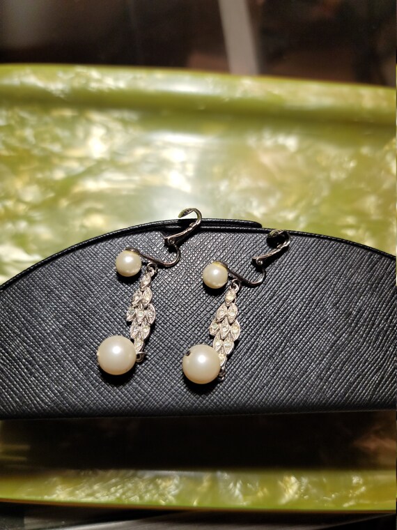 Vintage Marvella Faux Pearl and Crystal Drop Earr… - image 2