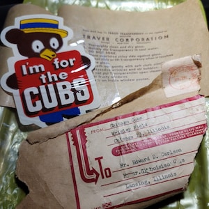 Decalcomania per finestre Vintage Chicago Cubs del 1950 - "I'm for the CUBS" con custodia originale e istruzioni per l'applicazione