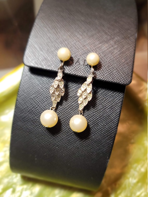 Vintage Marvella Faux Pearl and Crystal Drop Earr… - image 1