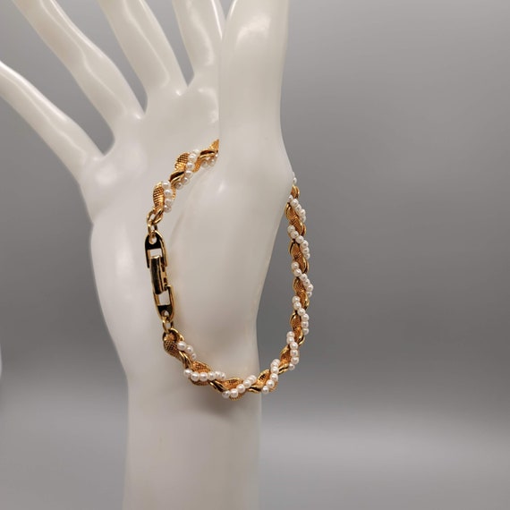 Vintage Monet Faux Pearl and Gold Metal Bracelet - image 1