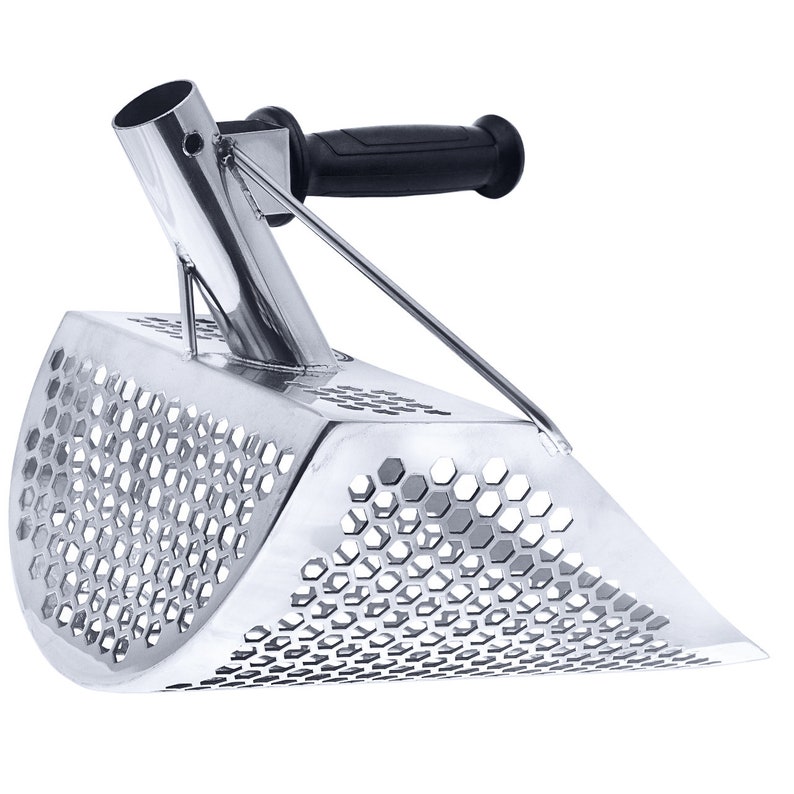 May include: A silver metal scoop with a black handle and a honeycomb-shaped mesh. The scoop is designed for scooping sand or gravel.