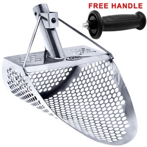 May include: A silver metal gold panning scoop with a honeycomb mesh design. The scoop has a handle that attaches to a separate black handle with a grip. The text "FREE HANDLE" is printed in red letters above the handle.