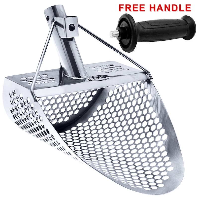 May include: A silver metal gold panning scoop with a honeycomb mesh design. The scoop has a handle that attaches to a separate black handle with a grip. The text "FREE HANDLE" is printed in red letters above the handle.