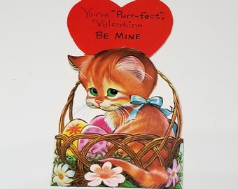 Vintage Kitten in sweater with Flower Basket Notecard By Sangamon Unused