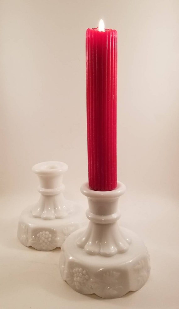 Milk Glass Pillar Candle Holders Set of Two Etsy