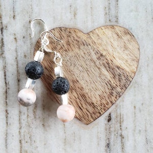 Black lava and pink Jasper sterling silver earrings.