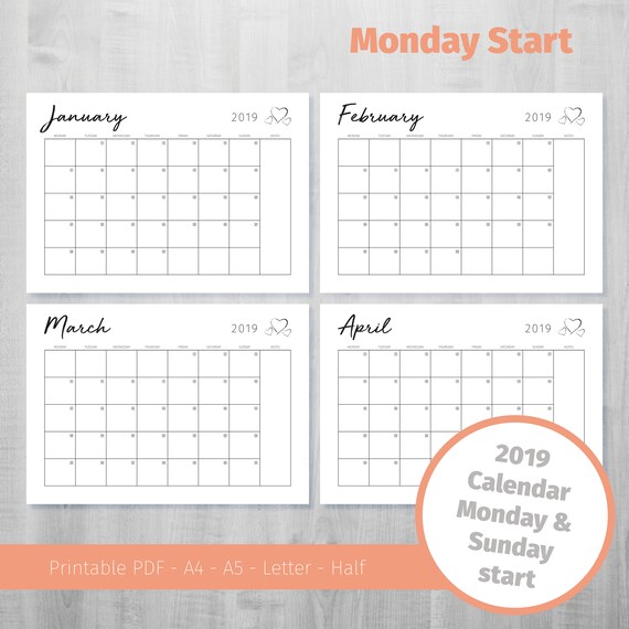 2019 printable calendar monday start calendar sunday start calendar 2019 year one page 2019 calendar month two pages a4 a5 letter half calendar monday start