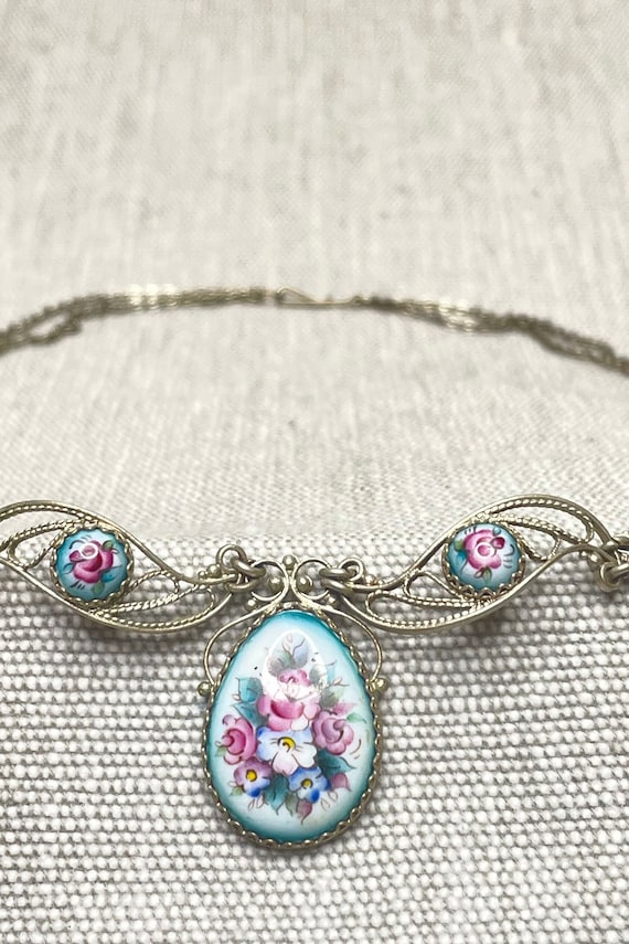 Rostov Finift Necklace | Teal and Pink Hand Painte