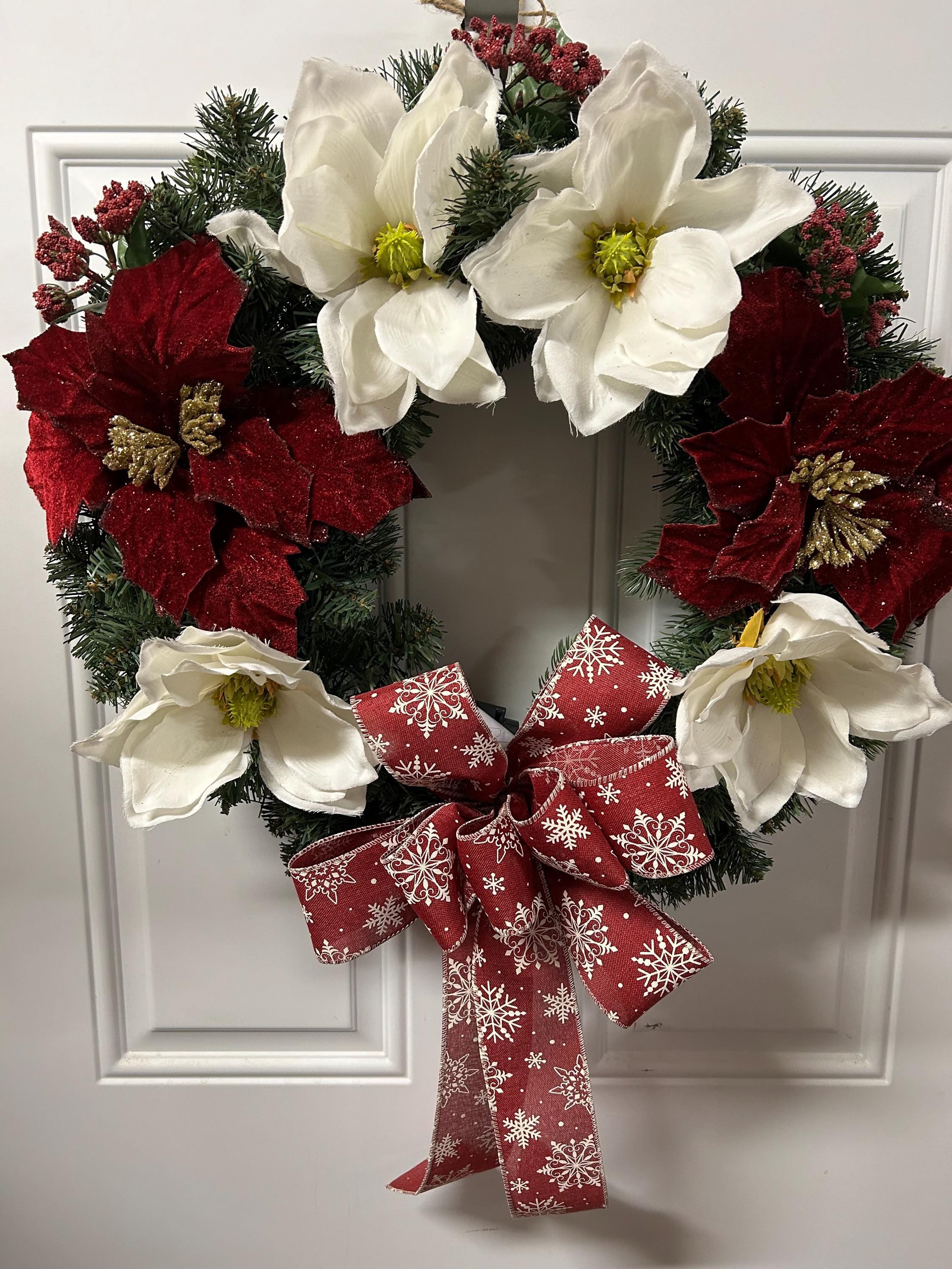 20 Christmas Wreaths for Your Front Door 8 Christmas Magnolia Wreath with Lights, Burgundy Poinsettia Door Decor