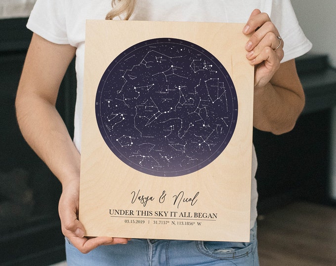 Star Map On Wood - Personalized Constellation Map - Custom Night Sky, Stars On Wedding, Celestial Map Art, Stars Chart Anniversary Gift
