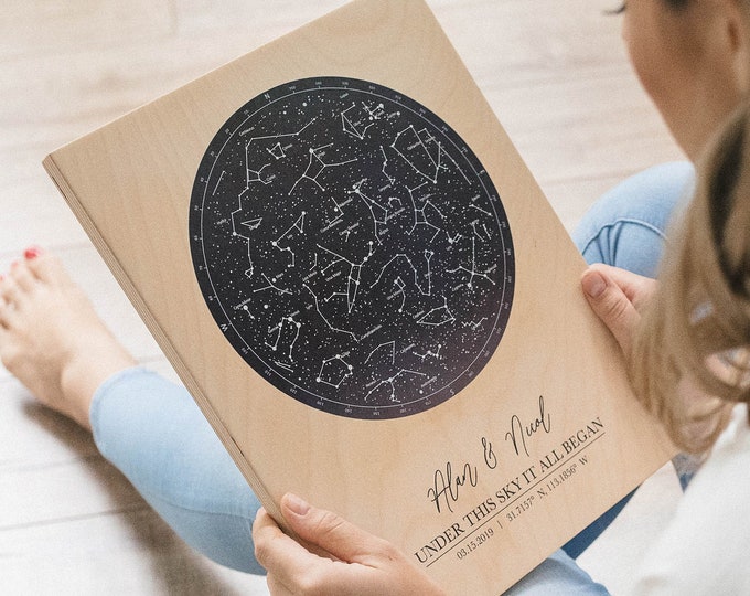 Star Map On Wood - Personalized Constellation Map - Custom Night Sky, Stars On Wedding, Celestial Map Art, Stars Chart Anniversary Gift