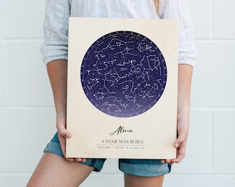 Star Map - A Star Was Born - Constellation Map On Wood - Night Sky Print ST02