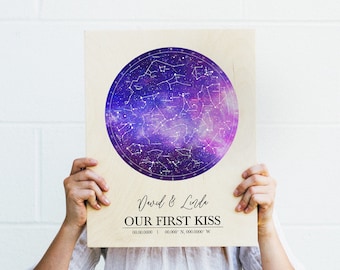 Star Map On Wood - Our First kiss Custom - Night Sky Print - Star Map By Date - Stars On Wedding, Stars Chart - ST05