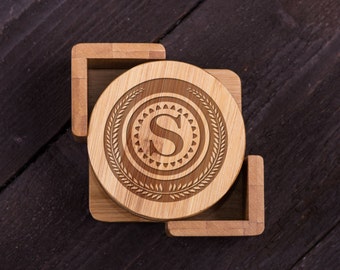 Personalized Coasters, Wooden, Monogram, Custom Bamboo Coaster Set, Wedding gift for Couple, Shower, Corporate Gift Wood Kitchen Decor #5048