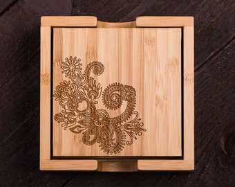 Wooden Coasters, Henna Wood Burned Coasters, Custom Bamboo Coaster Set, Wedding gift for Couple, Shower, Corporate Gift Kitchen Decor #5020