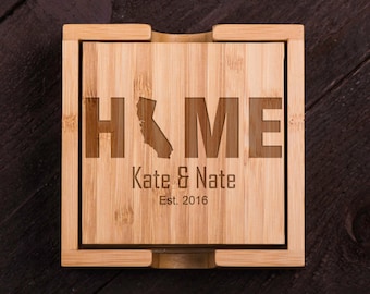 Personalized Coasters, Home, California, Wooden, Custom Bamboo Coaster Set, Wedding gift, Couple, Shower, Corporate Gift Kitchen Decor #5013