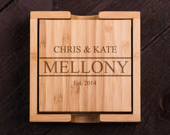 Personalized Coasters, Wooden, Last Name, Date Custom Bamboo Coaster Set, Wedding gift for Couple, Shower Corporate Gift Kitchen Decor #5009