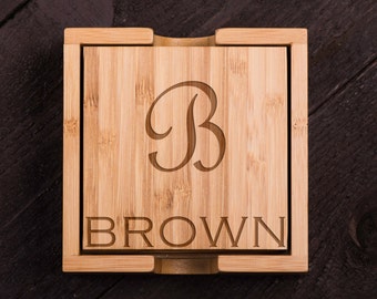Personalized Coasters, Wooden, Last Name, Monogram, Custom Bamboo Coaster Set, Wedding gift for Couple, Corporate Gift Kitchen Decor #5022