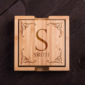Custom wedding gift, Personalized Coasters, Wooden, Last name and Date, Custom Bamboo Coaster Set, Corporate Gift Kitchen Decor #5092