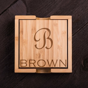 Personalized Coasters, Wooden, Last Name, Monogram, Custom Bamboo Coaster Set, Wedding gift for Couple, Corporate Gift Kitchen Decor #5022