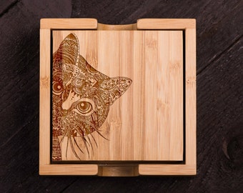 Wooden Coasters, Henna Cat, Wood Burned, Custom Bamboo Coaster Set, Wedding gift for Couple, Shower, Corporate Gift Kitchen Decor #5037