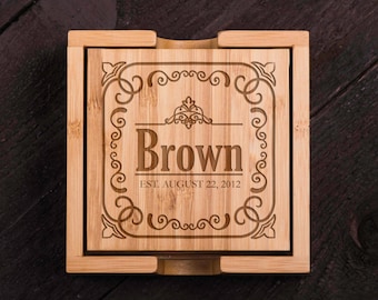 Personalized Coasters, Wood, last name, Custom Bamboo Coaster Set, Wedding gift for Couple, Shower Corporate Gift Wooden Kitchen Decor #5003