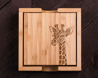 Wooden Coasters, Giraffe , Wood Burned, Custom Bamboo Coaster Set, Wedding gift for Couple, Shower, Corporate Gift Kitchen Decor #5038