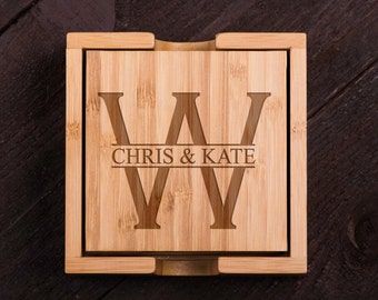Custom Bamboo Coaster Set, Personalized Coasters, Wooden, Last Name, Wedding gift for Couple, Shower Corporate Gift Kitchen Decor #5010