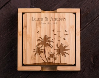 Personalized Coasters, Wooden, Palm, Custom Bamboo Coaster Set, Wedding gift for Couple, Shower, Corporate Gift Wood Kitchen Decor #5007