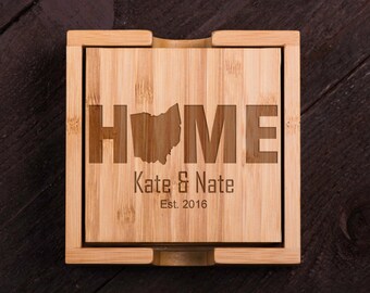 Personalized Coasters, Home Ohio, Wooden, Custom Bamboo Coaster Set, Wedding gift, Couple, Shower, Corporate Gift Kitchen Decor #5017