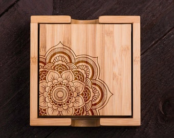 Wooden Coasters, Mandala, Henna Wood Burned, Custom Bamboo Coaster Set, Wedding gift for Couple, Shower, Corporate Gift Kitchen Decor #5029