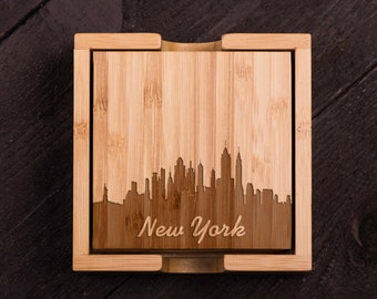 New York Skyline Personalized Coasters, Wooden, Custom Bamboo Coaster Set, Wedding gift for Couple, Corporate Gift Kitchen Decor #5044