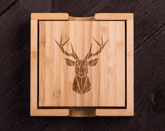 Deer Head Wooden Coasters, Custom Bamboo Coasters,  Wood Coasters, Wedding gift, Shower, Corporate Gift Kitchen Decor #5095