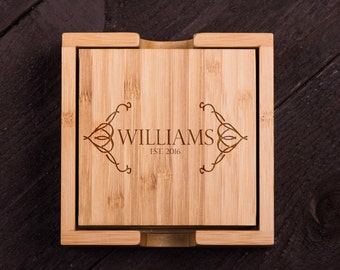 Custom wedding gift, Personalized Coasters, Wooden, Last name and Date, Custom Bamboo Coaster Set, Corporate Gift Kitchen Decor #5093