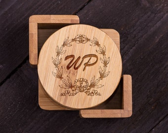 Custom Bamboo Coaster Set, Initials Personalized Coasters, Wooden, Wedding gift for Couple, Shower Corporate Gift Kitchen Decor #5034