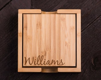 Personalized Coasters, Wooden, Cursive Last Name, Custom Bamboo Coaster Set, Wedding gift for Couple, Corporate Gift Kitchen Decor #5025