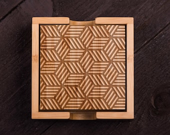 Housewarming Gift, 3D Engraving, Geometric Shapes, Wooden Drink Coasters,, Custom Bamboo Set, Wedding, Corporate Gift Kitchen Decor #5102