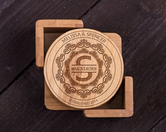 Personalized Coasters, Last name, Monogram, Custom Bamboo Coaster Set, Wedding gift for Couple, Shower, Corporate Gift Kitchen Decor #5001