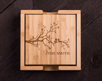 Personalized Housewarming Gift, Custom Drink Coasters, Wooden, Name, Custom Bamboo Coaster Set, Wedding, Corporate Gift Kitchen Decor #5101
