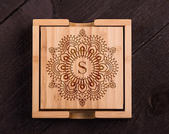 Wooden Coasters, Mandala, Monogram Wood Burned Custom Bamboo Coaster Set, Wedding gift for Couple Shower, Corporate Gift Kitchen Decor #5100