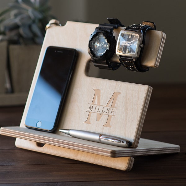 Personalized Docking Station, Fathers Day Gift, Nightstand Valet, Wooden Phone Stand, iPhone charging station, Gift Husband