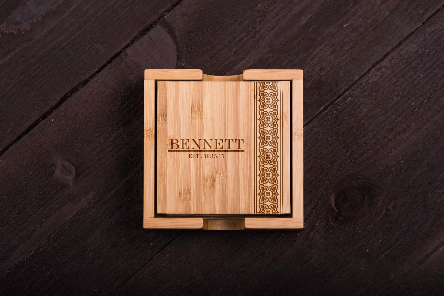 Personalized Coasters, Wooden, Last Name, Monogram, Custom Bamboo Coaster Set, Wedding gift for Couple, Corporate Gift Kitchen Decor #5047