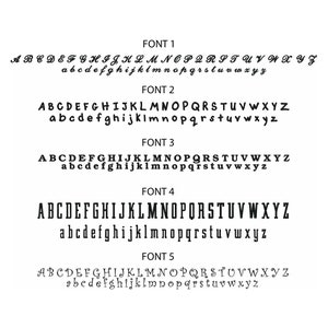 May include: Five different font styles are displayed in black text on a white background. Each font style shows the alphabet in uppercase and lowercase letters.