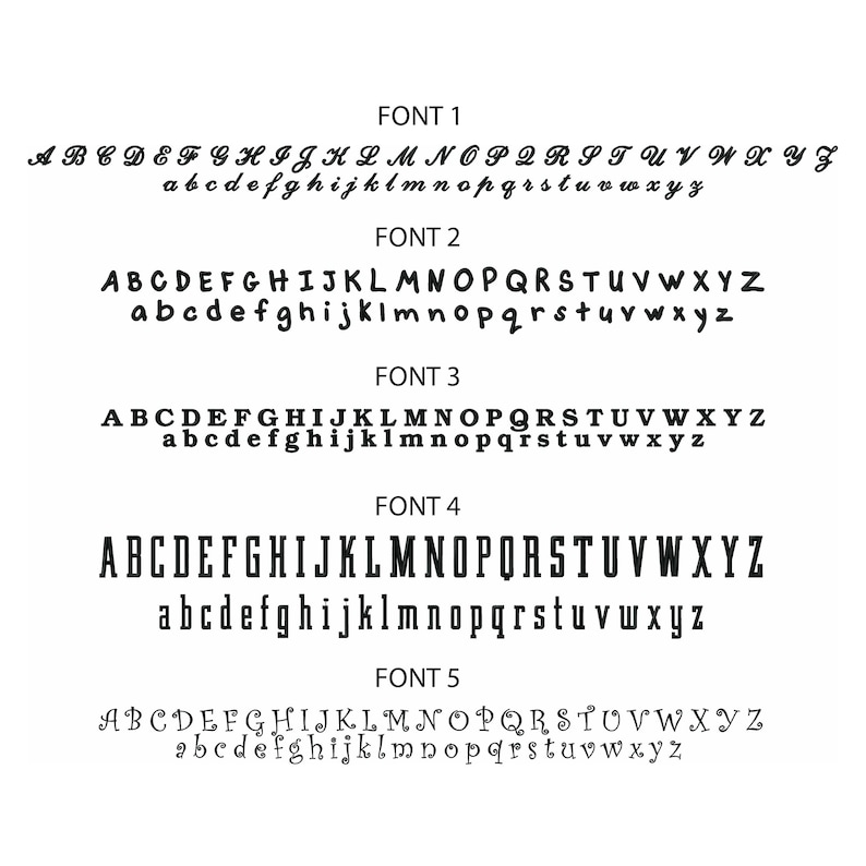 May include: Five different font styles are displayed in black text on a white background. Each font style shows the alphabet in uppercase and lowercase letters.
