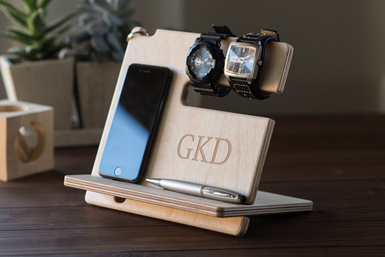 Fathers Day Gift, Personalized Docking Station, Nightstand Valet, Wooden Phone Stand, iPhone charging station, Gift Husband 2
