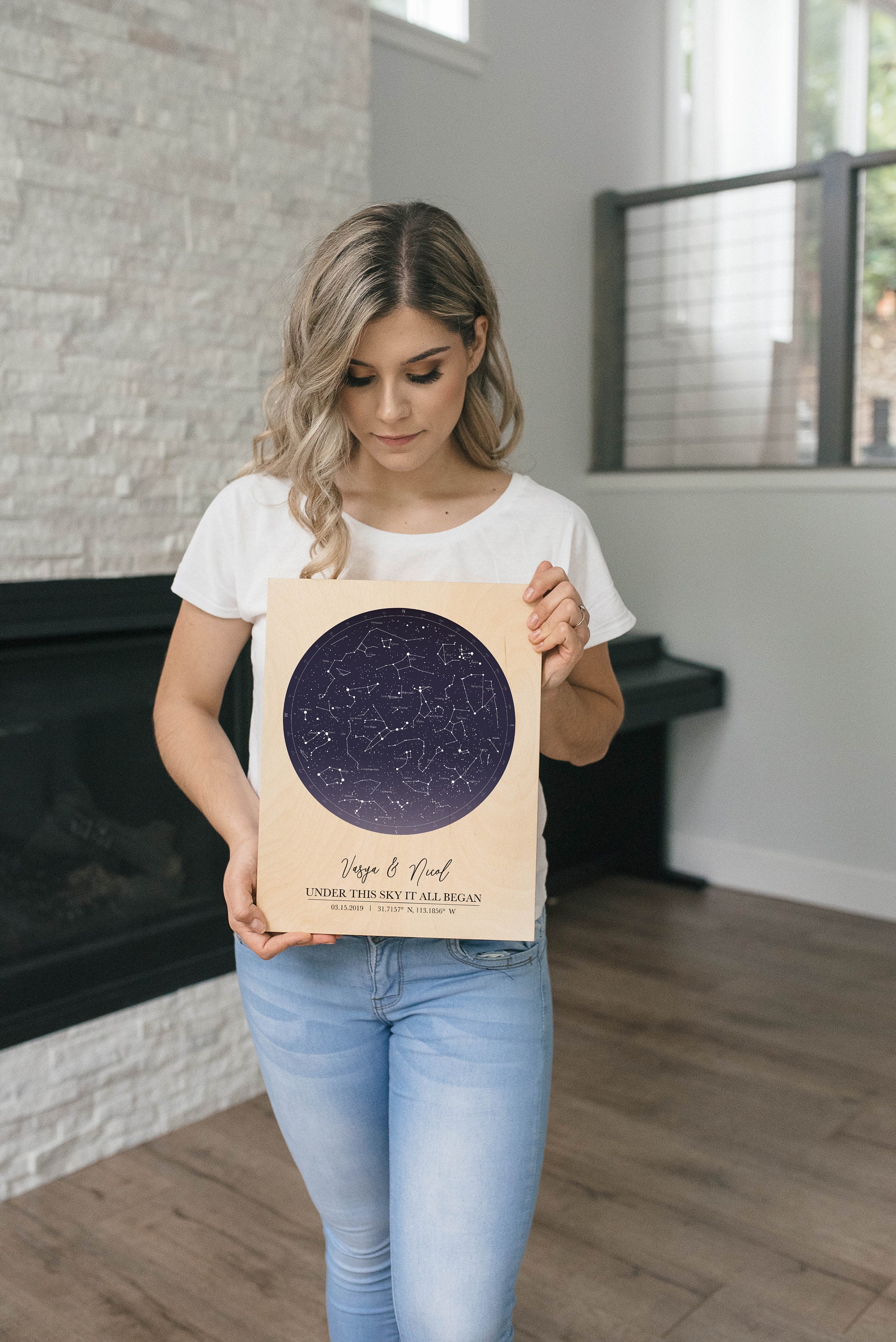 star Map On Wood - Carte de Constellation Personnalisée Ciel Nuit Personnalisé, Étoiles sur Le Maria