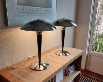 1 Pair Set Bauhaus Style Set of Two Chrome Mushroom Vintage Retro Design Lamps Black Silver See Shipping Details Worldwide Suitable