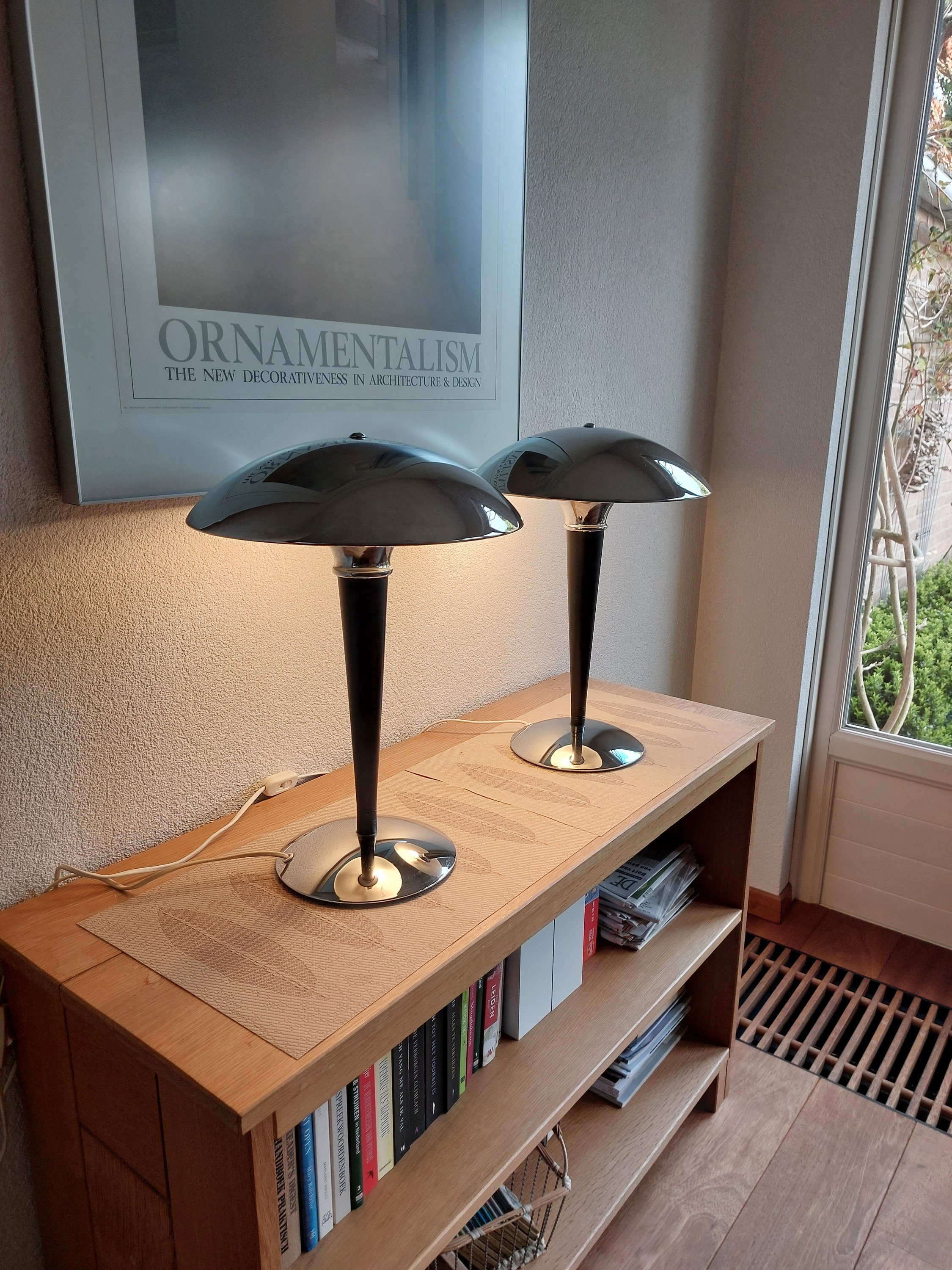 1 Pair Set Bauhaus Style Set of Two Chrome Mushroom Vintage Retro Design Lamps Black Silver See Shipping Details Worldwide Suitable