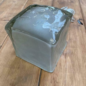 Può includere: Una lampada a forma di cubo in vetro smerigliato con un cavo e una spina trasparenti. La lampada è appoggiata su una superficie di legno.